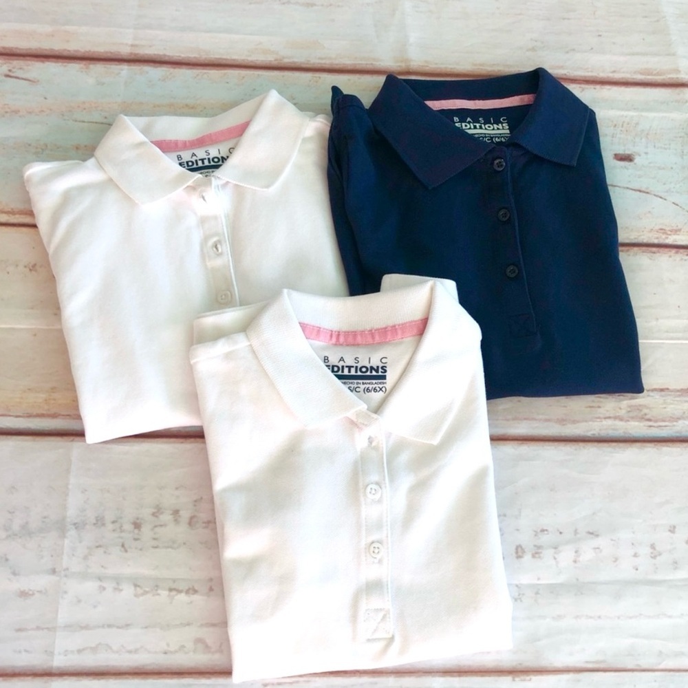 Basic Editions Kids Polo Shirts Bundle Set Of 3 - White and Navy - Picture 3 of 6